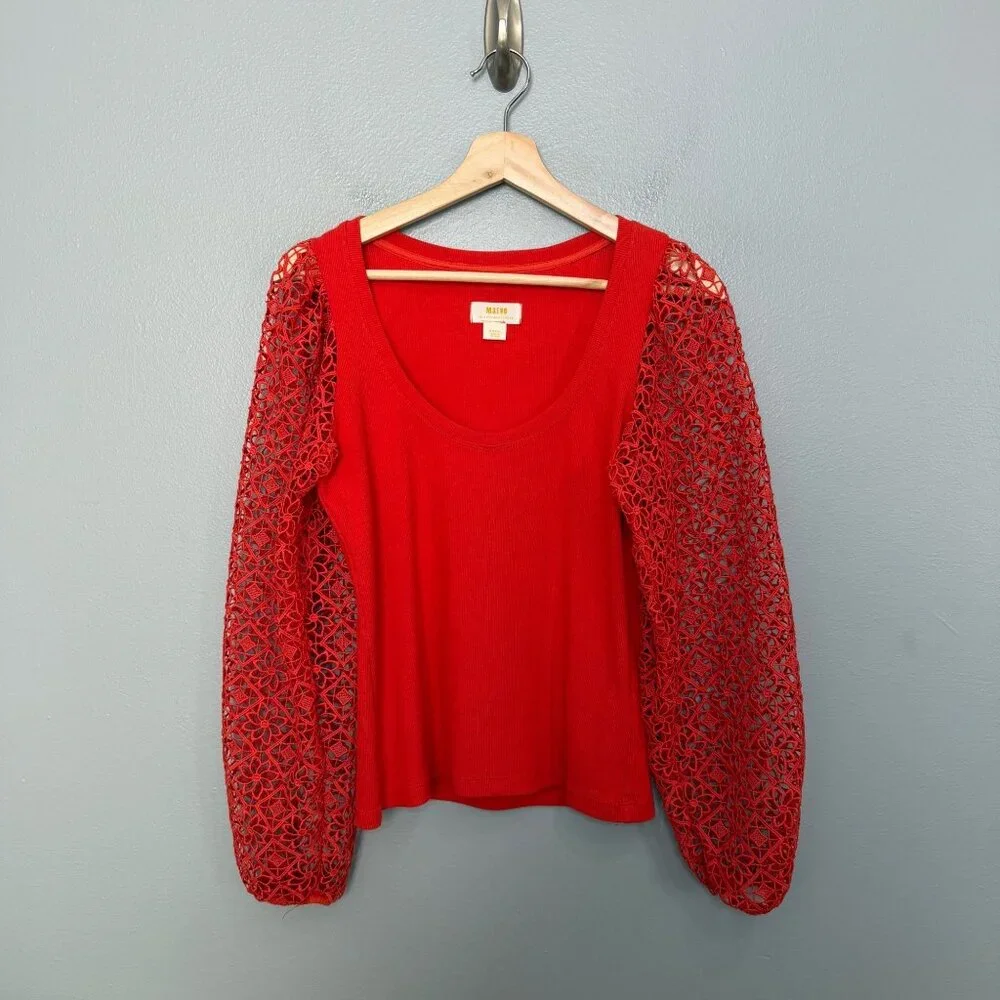 MAEVE ANTHROPOLOGIE lace sleeve top in dark orange size S